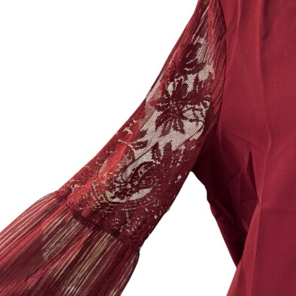 Burgundy Lace Sleeve Blouse Size Small | Sheer Long Sleeve Dressy Top - Picture 2 of 8